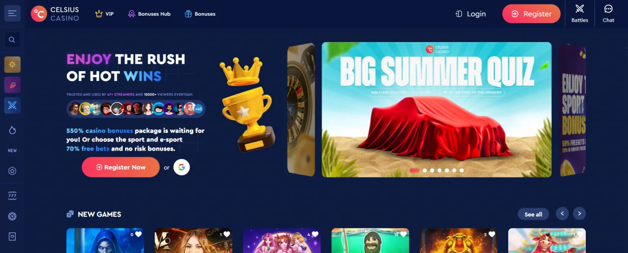 Celsius Casino kezdőlap nyári promóciós bannerekkel és "Big Summer Quiz" eseménnyel.
