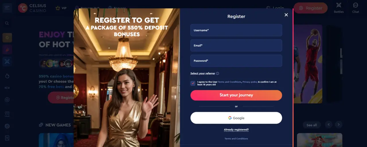 Celsius Casino regisztrációs felület – 550% befizetési bónuszcsomag ajánlat új játékosoknak.