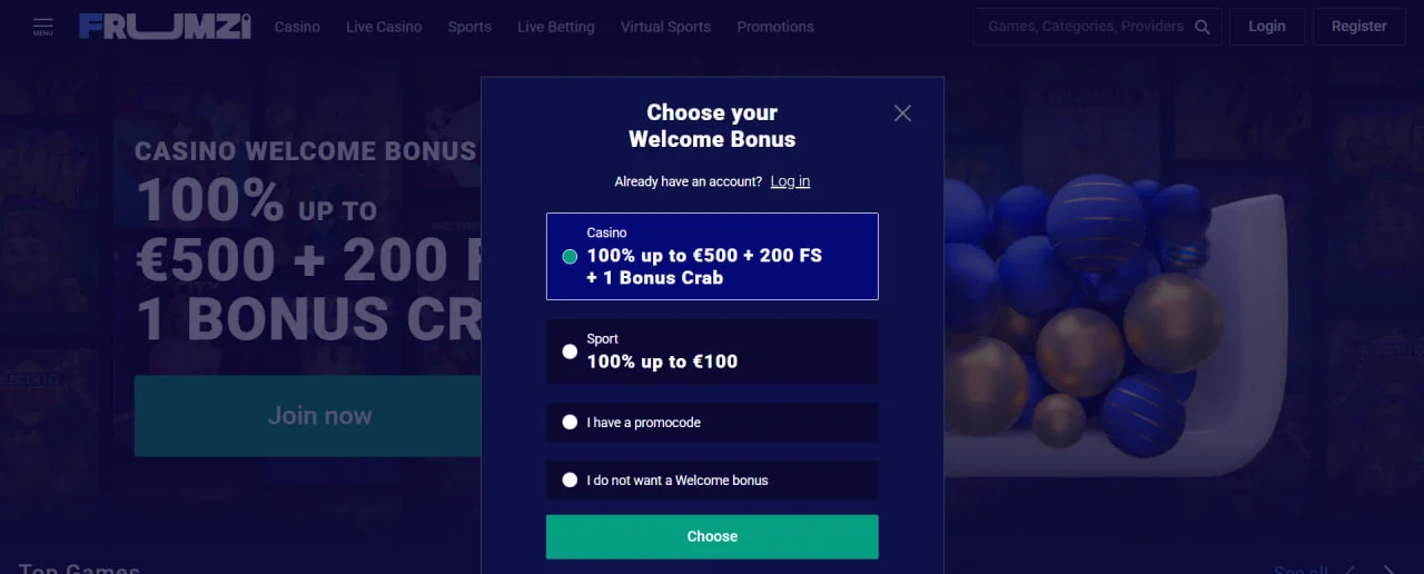 Frumzi Casino bónuszválasztó ablak – játékos kiválaszthatja az üdvözlő ajánlatot: kaszinó bónusz, sport bónusz vagy bónusz nélkül.