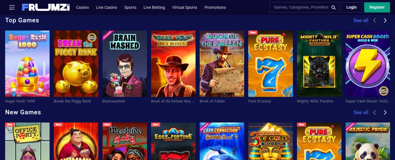 Frumzi Casino játékgaléria – népszerű nyerőgépek, például Sweet Bonanza, Book of Dead, Pure Ecstasy és más új Megaways játékok.