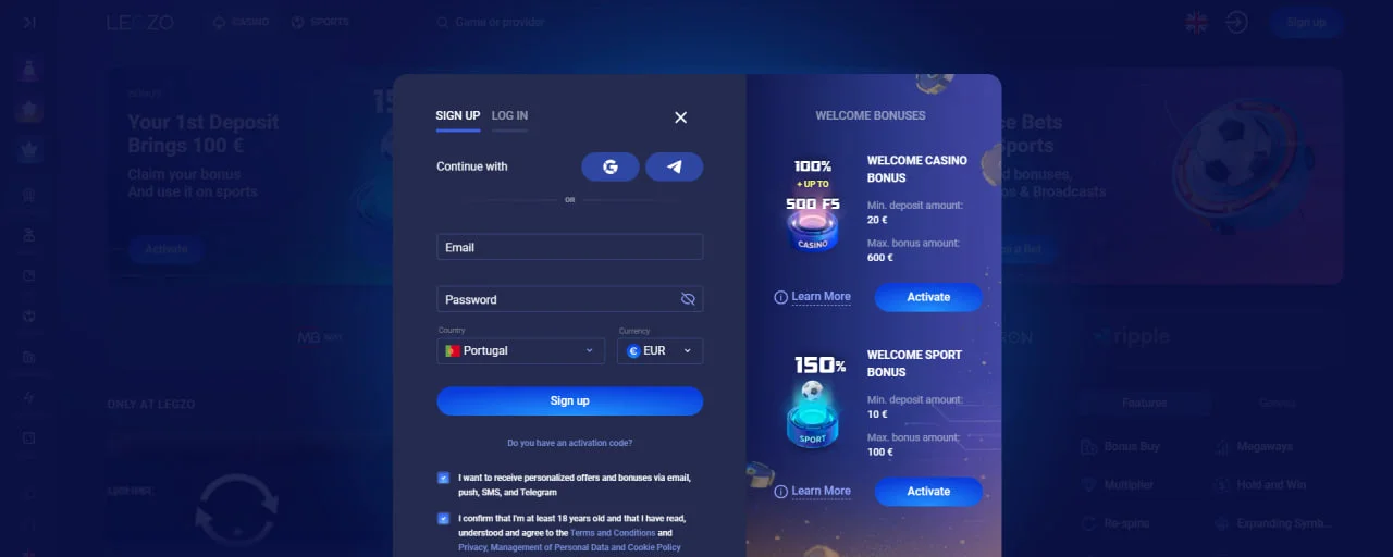 Register Legzo Casino