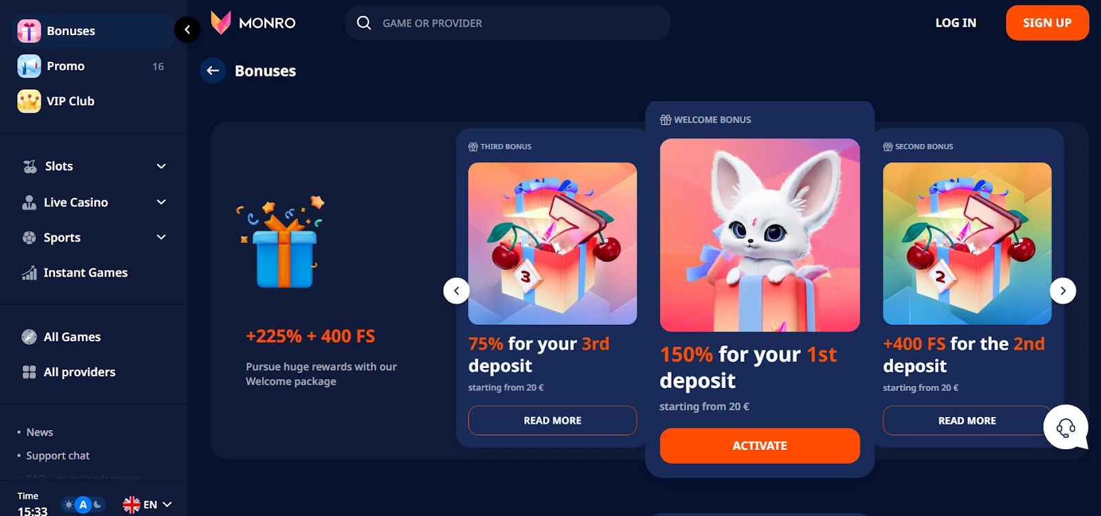 Monro Casino Free spins