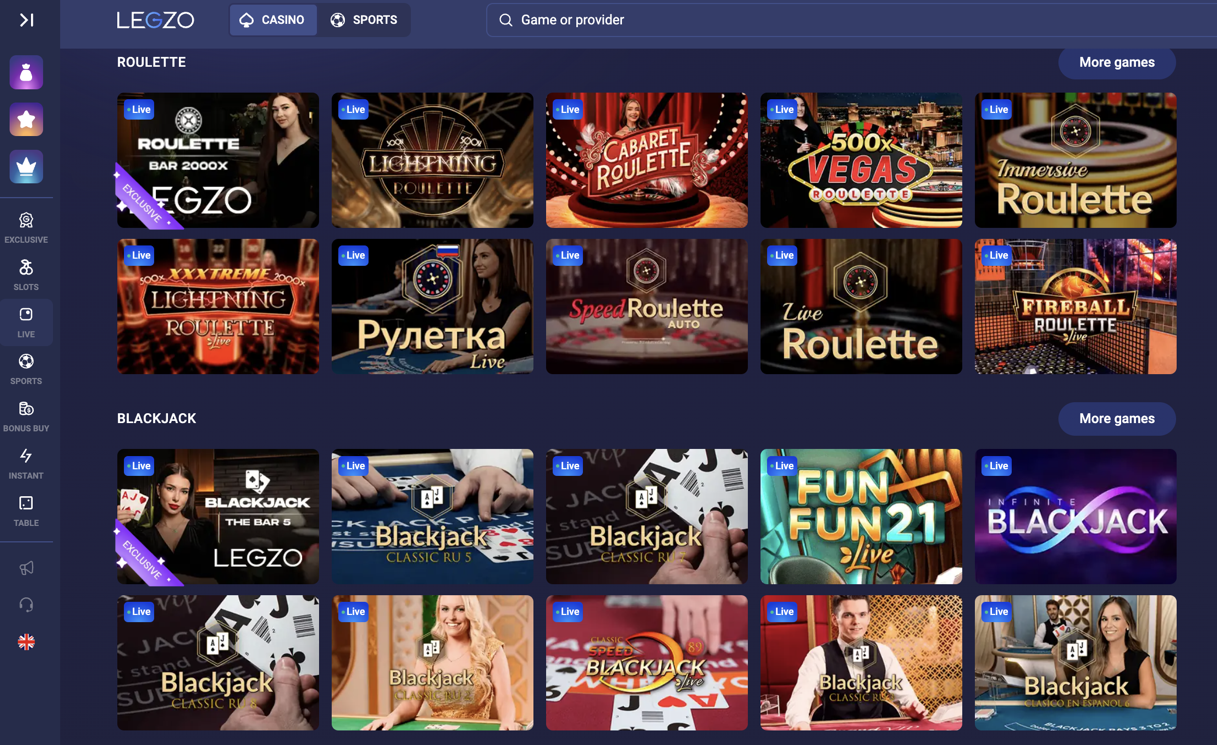 Legzo Casino Live Games